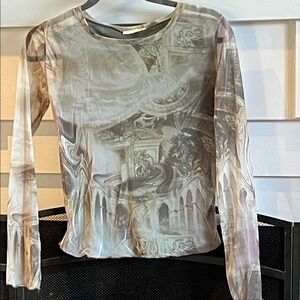 PROMOD Woman Sheer Printed Long Sleeve Top, Solid Back, Size Small